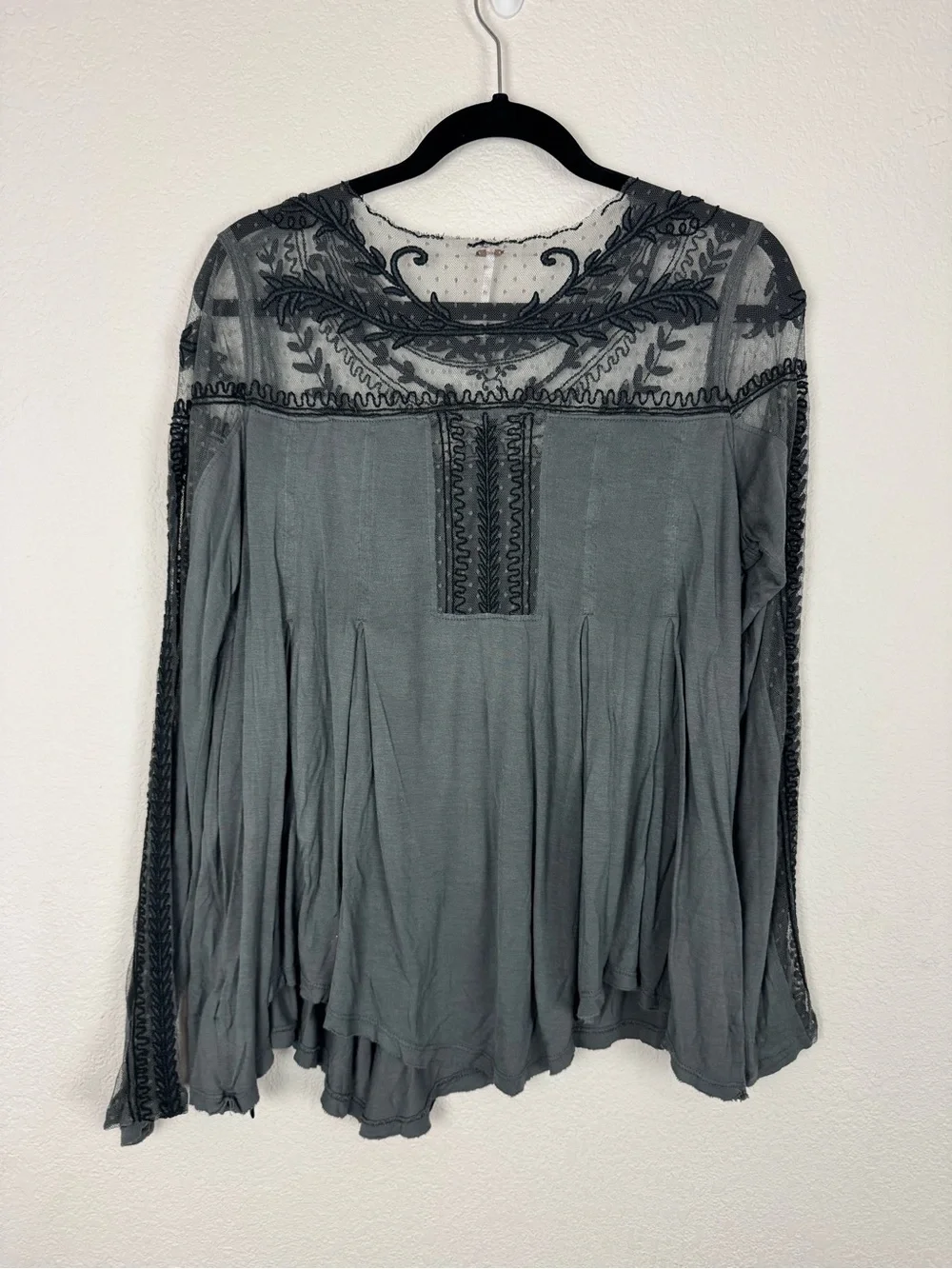 Free People Grey Gray Long Sleeve Lace Sheer Detail Top Boho Bohemian Western
